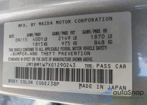 2016 Mazda Mazda3 I Touring z USA, uszkodzony, nr VIN JM1BM1W7XG1290243